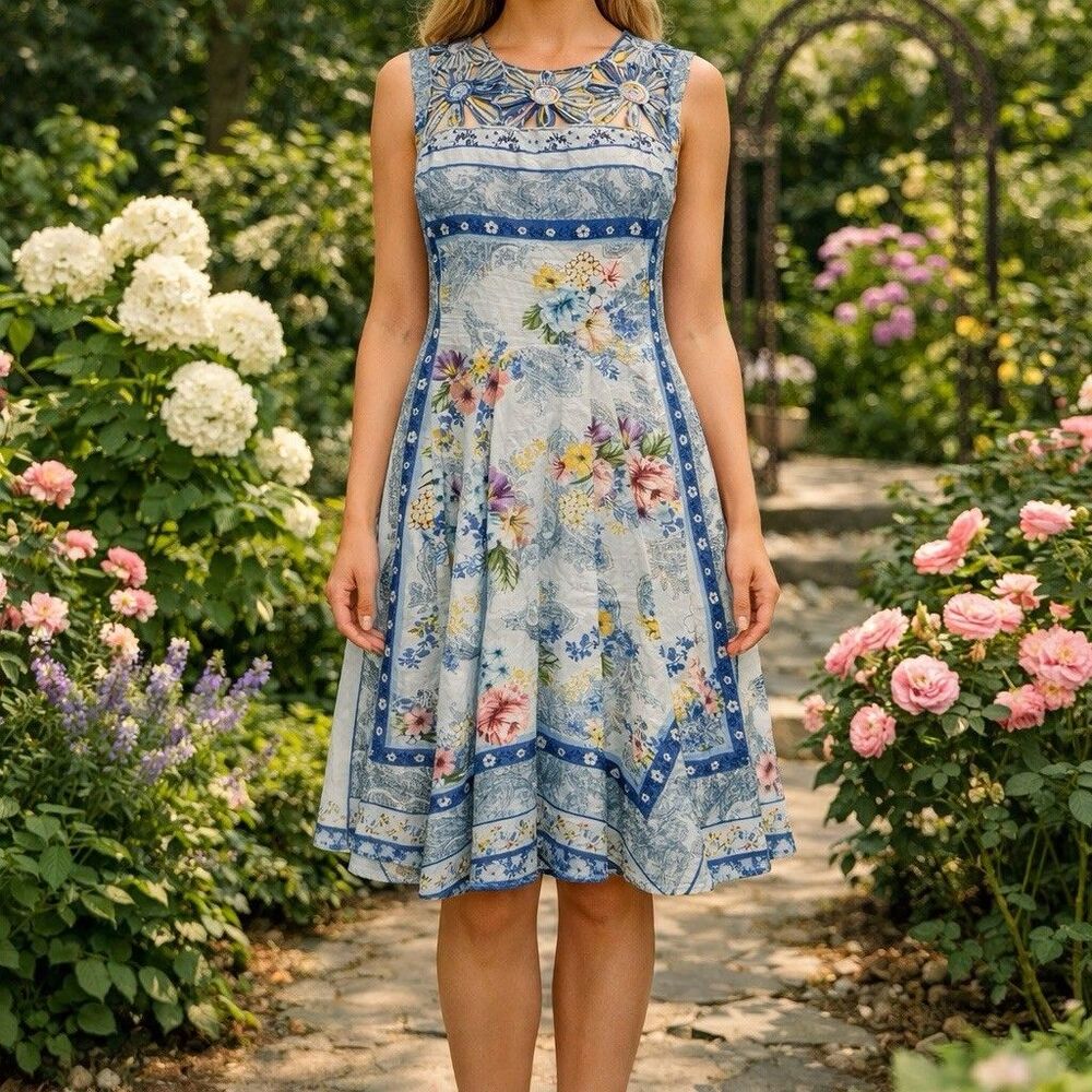 Derby Dress Medium Floral Patchwork Paisley Chic Garden Boho Fit Flare Lined
